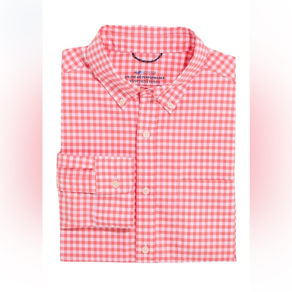 Vineyard Vines On-The-Go brrr° Gingham Shirt Sunrise Orange BNWT size Large $128